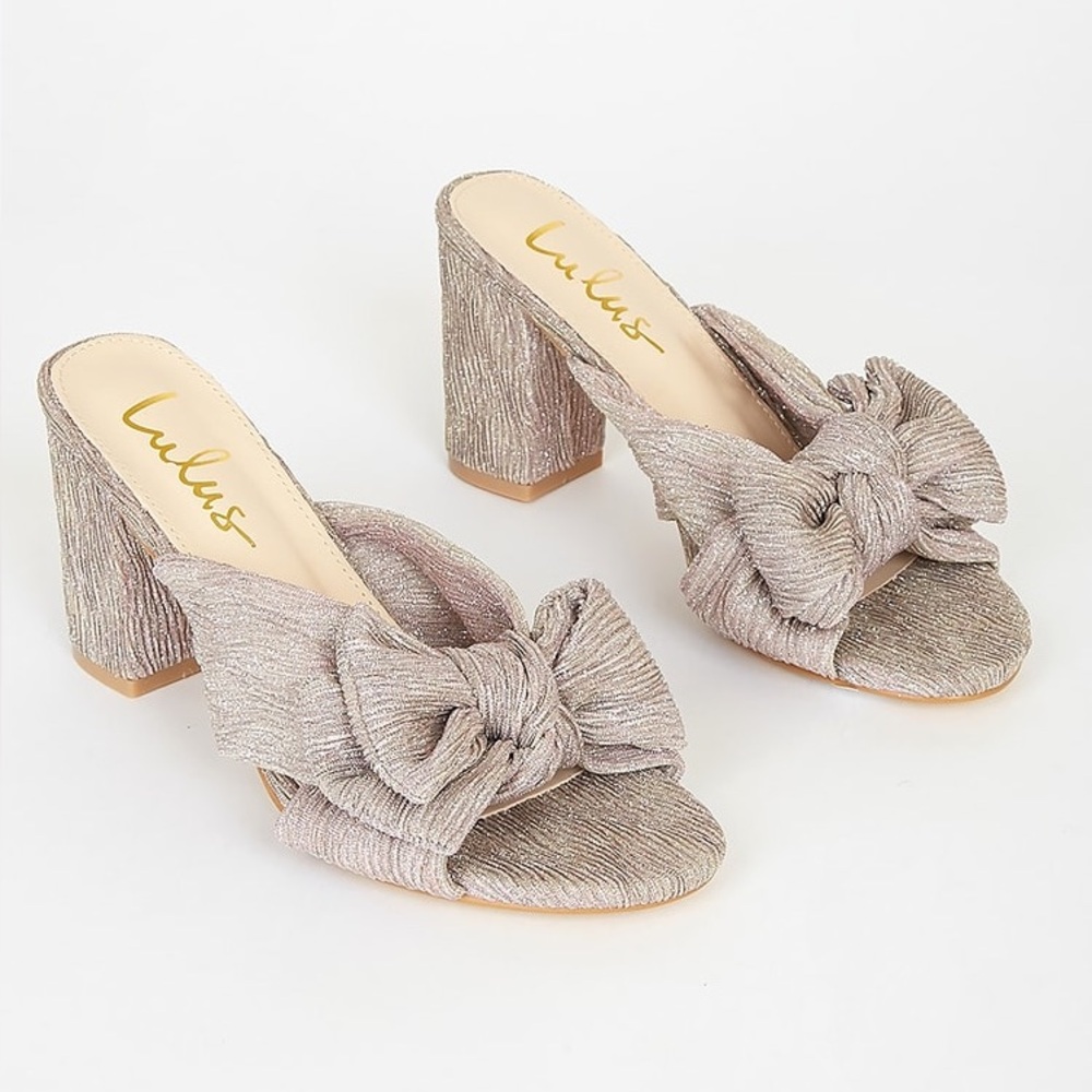 Metallic Silver Rose Gold Bow Heel Sandals